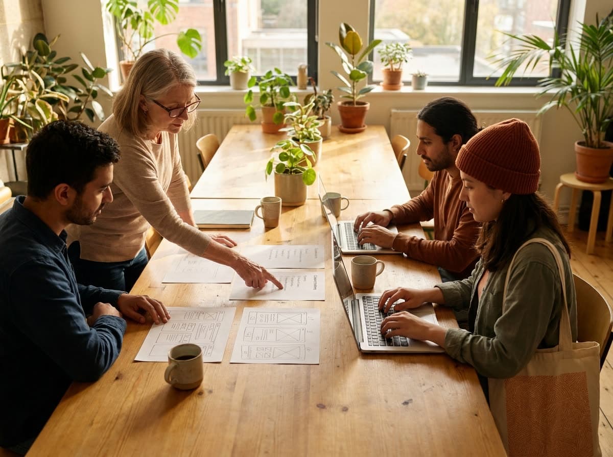 Educadores y desarrolladores de software colaborando sobre esquemas de cursos y computadoras portátiles.