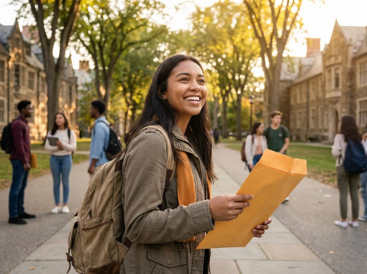 A confident student holding an acceptance envelope on a university campus