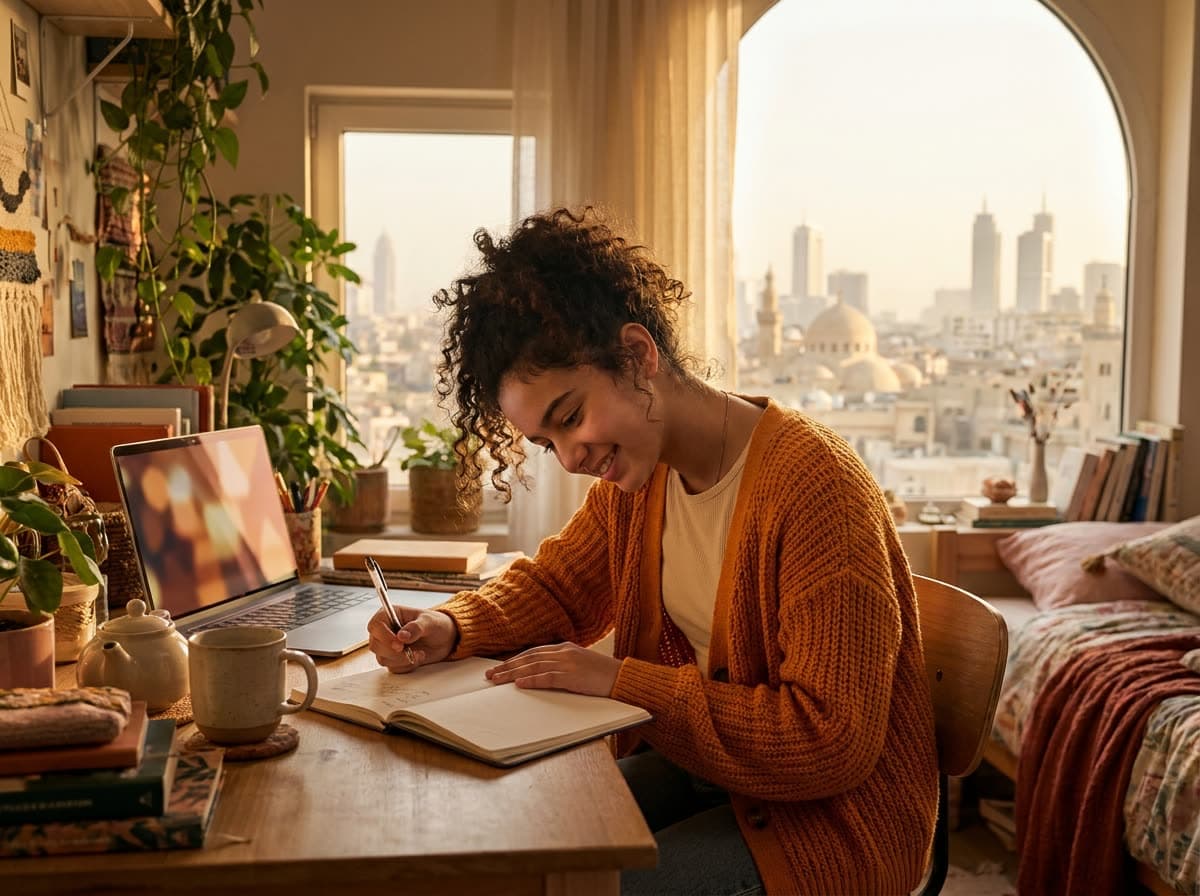 A student earning Ontario credits from her desk at home, city skyline outside