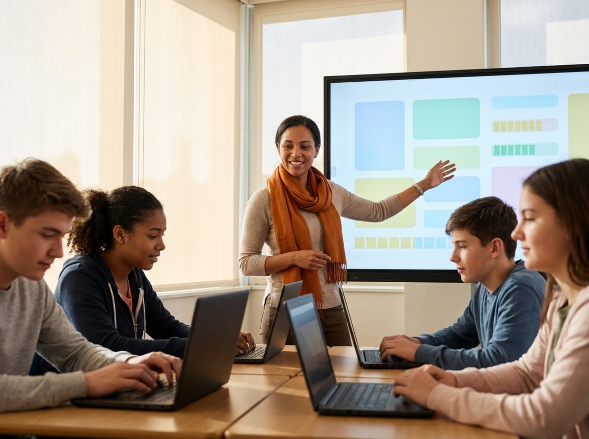 A teacher presenting the branded LMS dashboard on a classroom display
