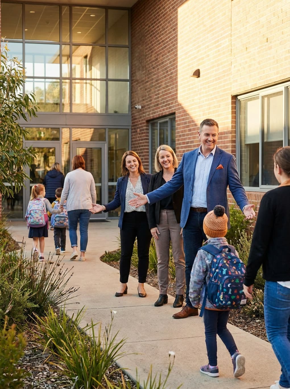 A school founder and staff welcoming arriving families at their new school's entrance