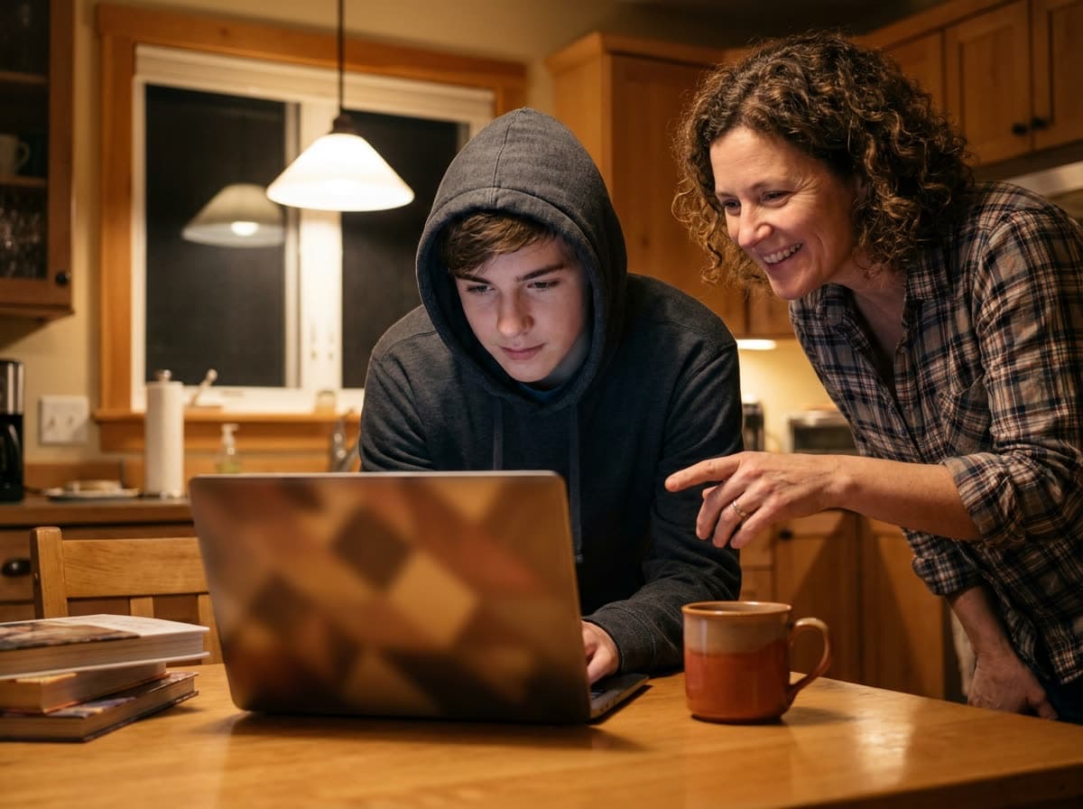 A student learning at home through their school's online program with a parent nearby
