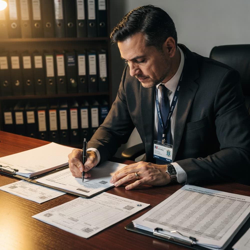 A school operator working through Ministry registration paperwork at a desk