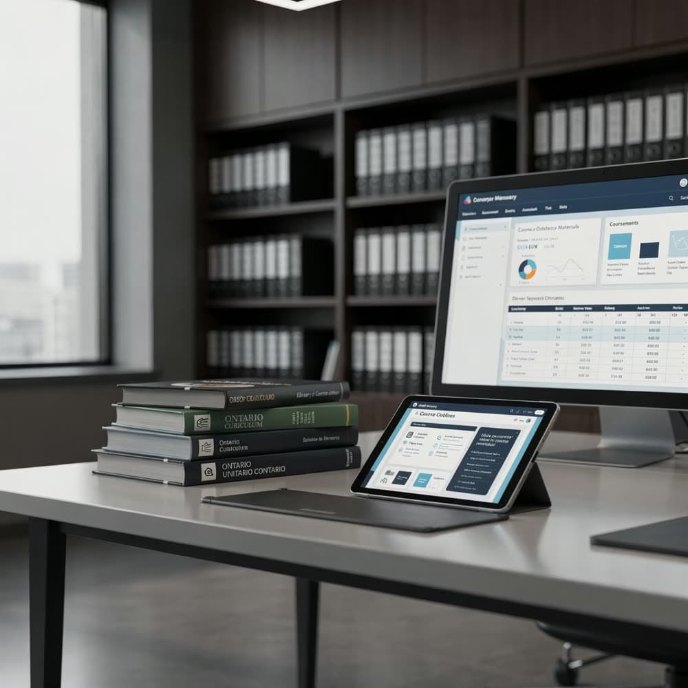 A school office desk with the platform open on a monitor and tablet