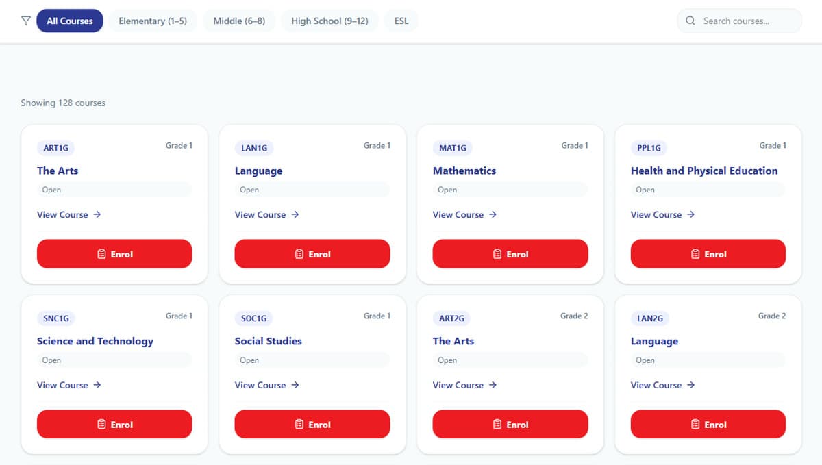 A partner school's storefront: grade-filtered course catalog with search and one-click enrollment
